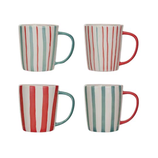 Hello Honey® 14oz. Hand-Painted Red, Aqua & Cream Stripes Stoneware Mugs, 4ct.